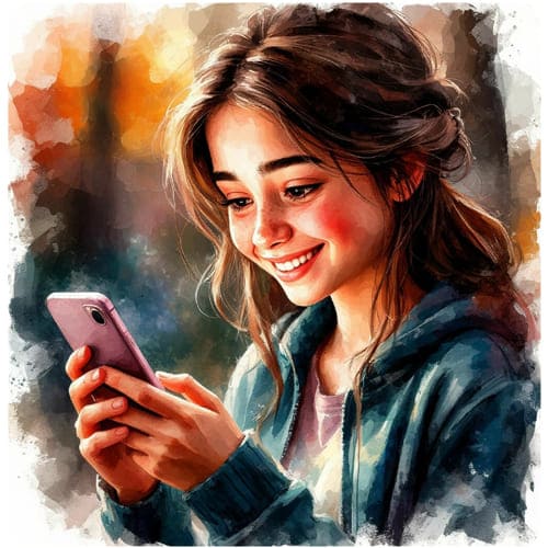 Пример акварельной картинки девушка со смартфоном с улыбкой Девушка смотрит в телефон акварель