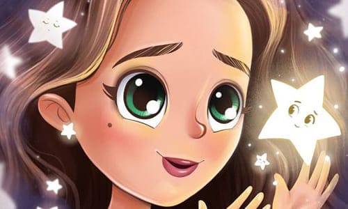 Нарисованная девочка смотрит на звездочку с глазами и мечтает