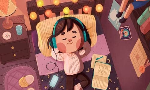 Картинка нарисованная девочка дочка лежит на кровати в наушниках в своей комнате