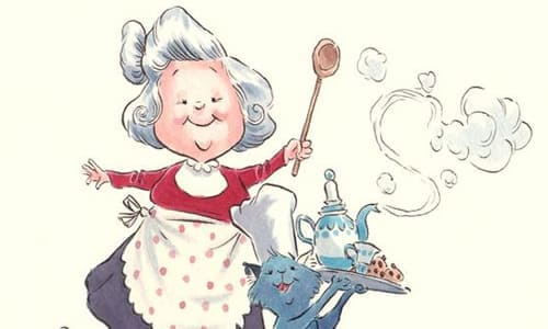 Бабушка с деревянной ложкой и котом который несет поднос с чаем картинка нарисованная
