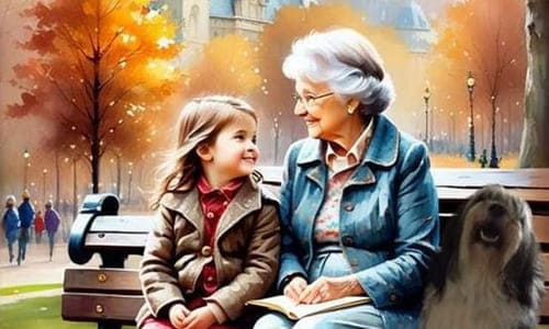 Красивая картинка внучка сидит с бабушкой на скамейки в день рождения