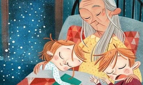 Бабушка лежит в кровати, а рядом её обнимают внучка и внук нарисованная картинка