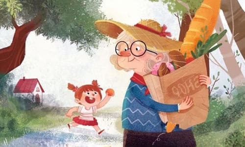 Бабушка нарисованная картинка идёт с магазина с пакетом еды а в заде бежит внучка