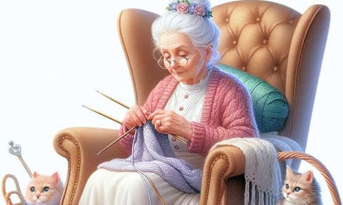 Бабушка сидит в большом кресле и вяжет спицами платок картинка нарисованная