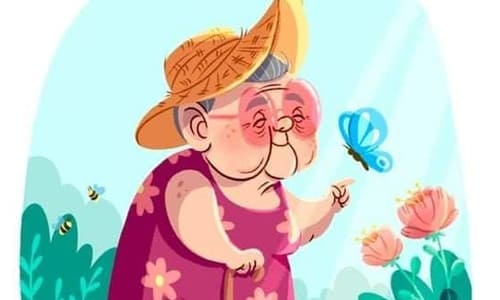 Бабушка нарисованная картинка в красивой шляпке с тросточкой ловит бабочку голубого цвета