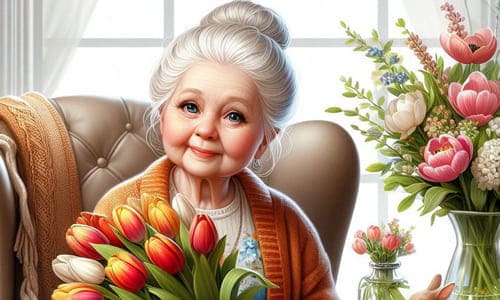 Красивая нарисованная картинка бабушка сидит в кресле с тюльпанами
