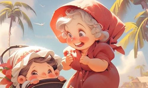 Картинка нарисованная, бабушка с маленьким ребёнком жизнерадостная