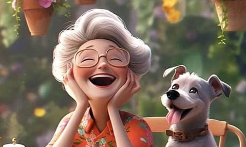 Нарисованная бабушка, радостная в очках, а рядом собака