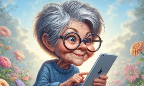 Картинка бабушка в очках держит планшет в руках изучает технику на день рождение