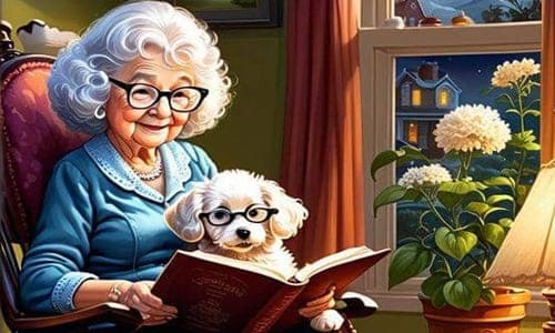 Бабушка в очках держит в руках книгу читает, а рядом пёс в очках смотрит нарисованная картинка