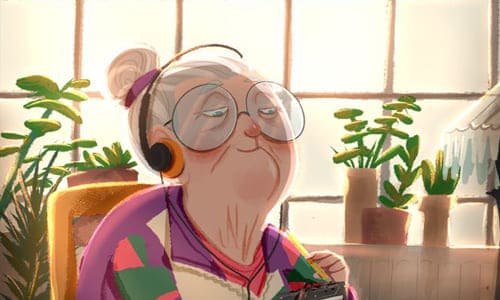 Бабушка в очках в спортивном костюме в наушниках нарисованная картинка
