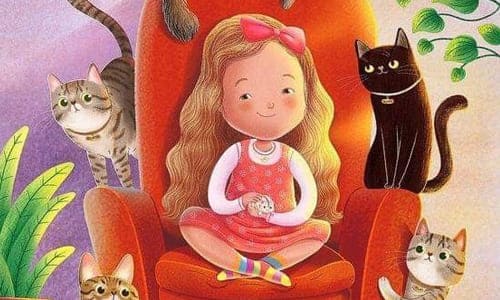 Девочка сидит на оранжевом кресле среди котов нарисованная картинка
