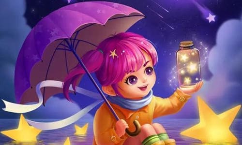 Девочка с фиолетовым зонтом и волосами держит в руках банку со звездами в день рождения свой