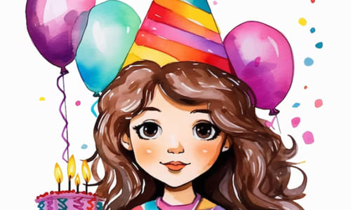 Нарисованная акварелью картинка девушка дочурка в колпаке и воздушными шарами