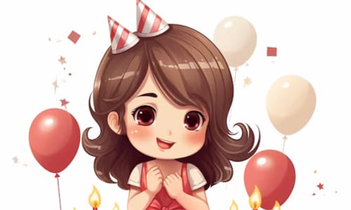 Девочка с двумя колпаками на день рождения, воздушные шары и нарисованные свечки