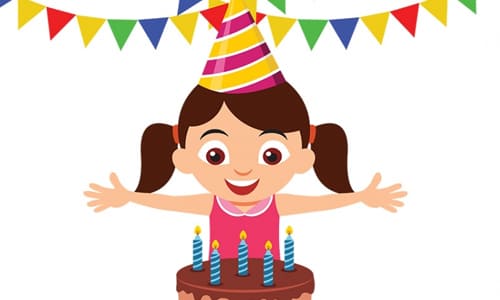 День рождение у дочери, торт со свечками колпак и праздничная гирлянда картинка нарисованная