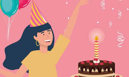Нарисованная девушка в колпаке на розовом фоне задувает праздничный торт день рождения