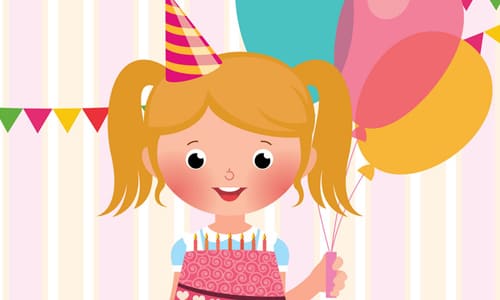 Радостная девочка с воздушными шарами колпаком и тортом на день рождения поздравление