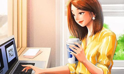 Взрослая девушка сидит за ноутбуком с чашкой кофе нарисованная картинка день рождение