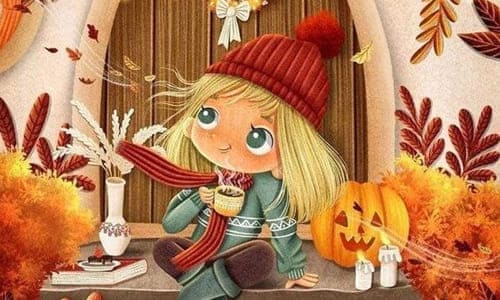 Девочка в шапке и шарфе с чашкой кофе мечтает сидит у двери деревянной рядом тыква