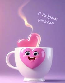 белая кружка сердце смайлик розовый в 3D надпись доброе утро