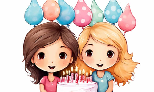 Две сестры девочки на картинке с разными волосами и тортиком по середине с воздушными шарами