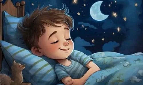 Мальчик в кровати спит окно с луной нарисованная картинка