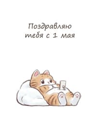 Открытка с нарисованным котиком который лежит в телефоне на подушке, 1 мая, мир, труд, май