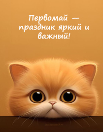 Нарисованный рыжий кот в 3d  и текст с 1 мая поздравление