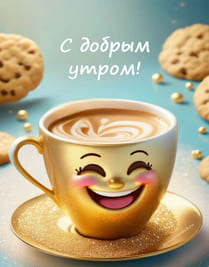 Картинка золотая улыбающаяся кружка с кофе доброе утро открытка
