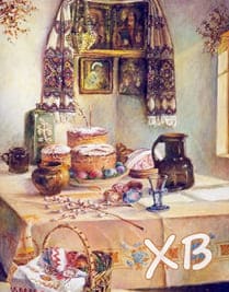 Старая картинка атрибутика на праздник Пасхи, куличи, яйца, крынка с молоком, кувшин, иконы