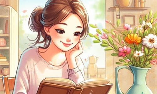 Нарисованная девушка читает книгу двоюродная сестра