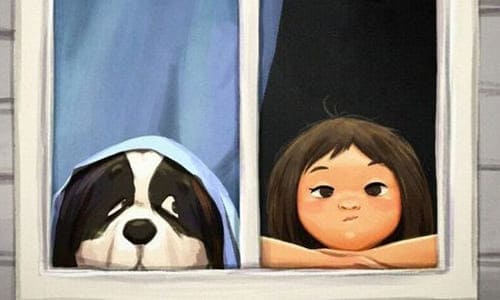 Картинка девочка и большая собака смотрят из окна