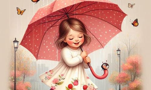 Картинка маленькая девочка в красивом платье с ягодами под розовым зонтом