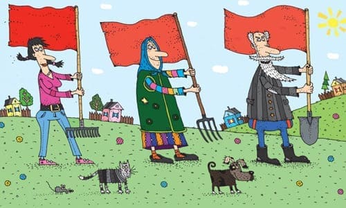 Картинка юмор люди с флагами идут копать вилы, лопата животыне