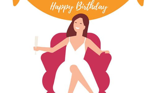 Нарисованная женщина тётя в кресле с бокалом шампанского и баннер с днём рождения