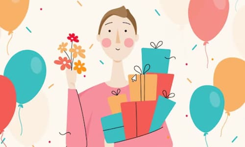 Тётушка с цветами в руках и коробки с подарками на её день рождение