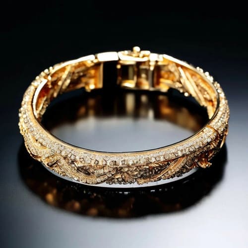 Красивый золотой женский браслет лежит на тёмной поверхности   