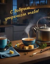 Кухня на столе которой утренний завтрак и чашки чая с чайником открытка