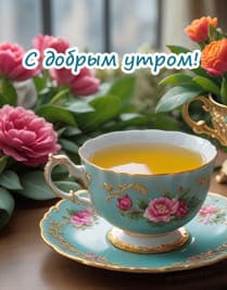 Красивая чашка с горячем чаем стоит на столе на фоне цветов открытка