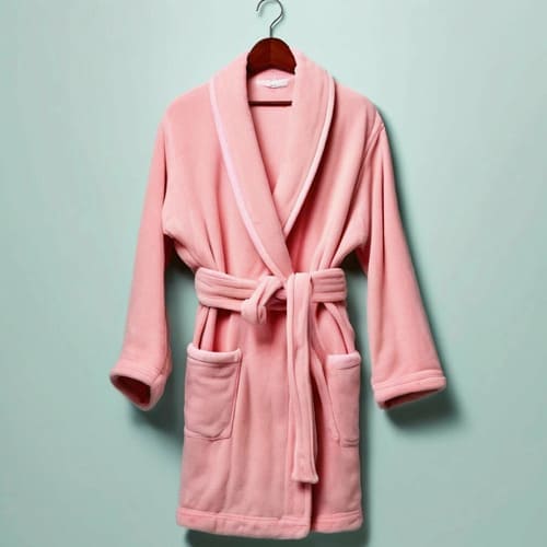 Женский розовых махровый халат висит на вешалки  
