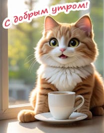 Рыжий кот на подоконнике с белой чашкой кофе открытка с добрым утром