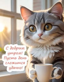 Кот на подоконнике сидит  красивый и держит в руках чашку с кофе в лапках