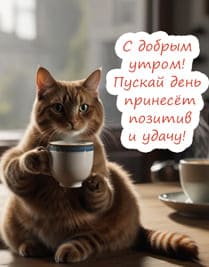 Котик в лапках держит чашку с чаем и сидит на кухонном столе картинка