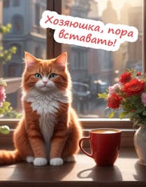 Кружка кофе, цветы в вазе и кот рыжий нарисованный на подоконнике
