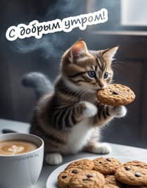 Кот на кухонном столе держит в зубах печенье  поздравление с добрым утром
