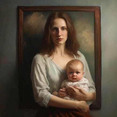 Девушка с ребёнком маленьким на руках в картине  