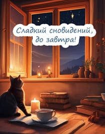 Котик сидит в уютной комнате с приглушённым светом смотрит в открытое окно, звезды и горы