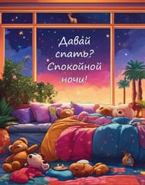 Картинка нарисованная, диван с игрушками, звездное небо вечернее в окне