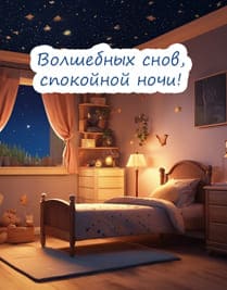 Комната с кроватью, окно со звёздным небом, картинка спокойно ночи пожелание
